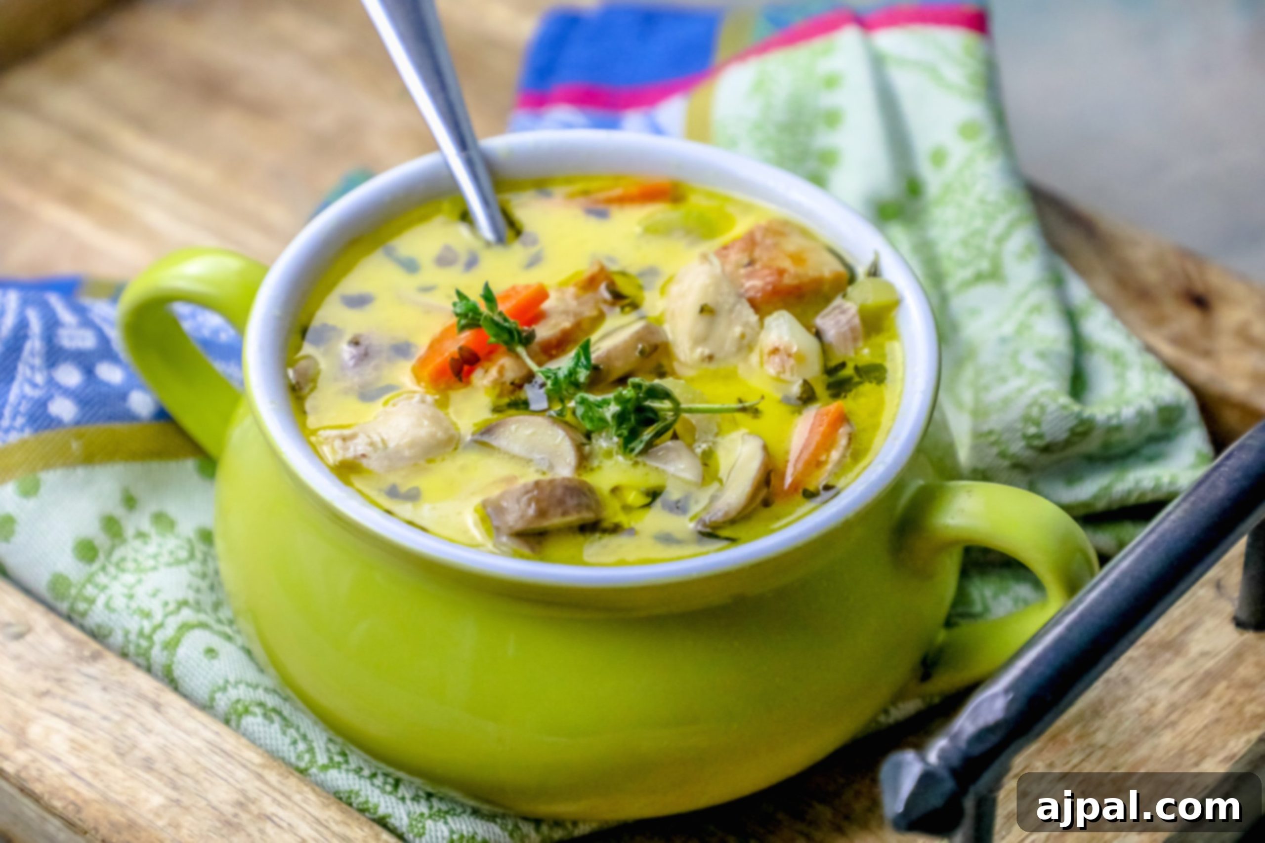picture of mushroom and chicken soup with thyme on the top in a green pot with a colorful kitchen towel in the background.