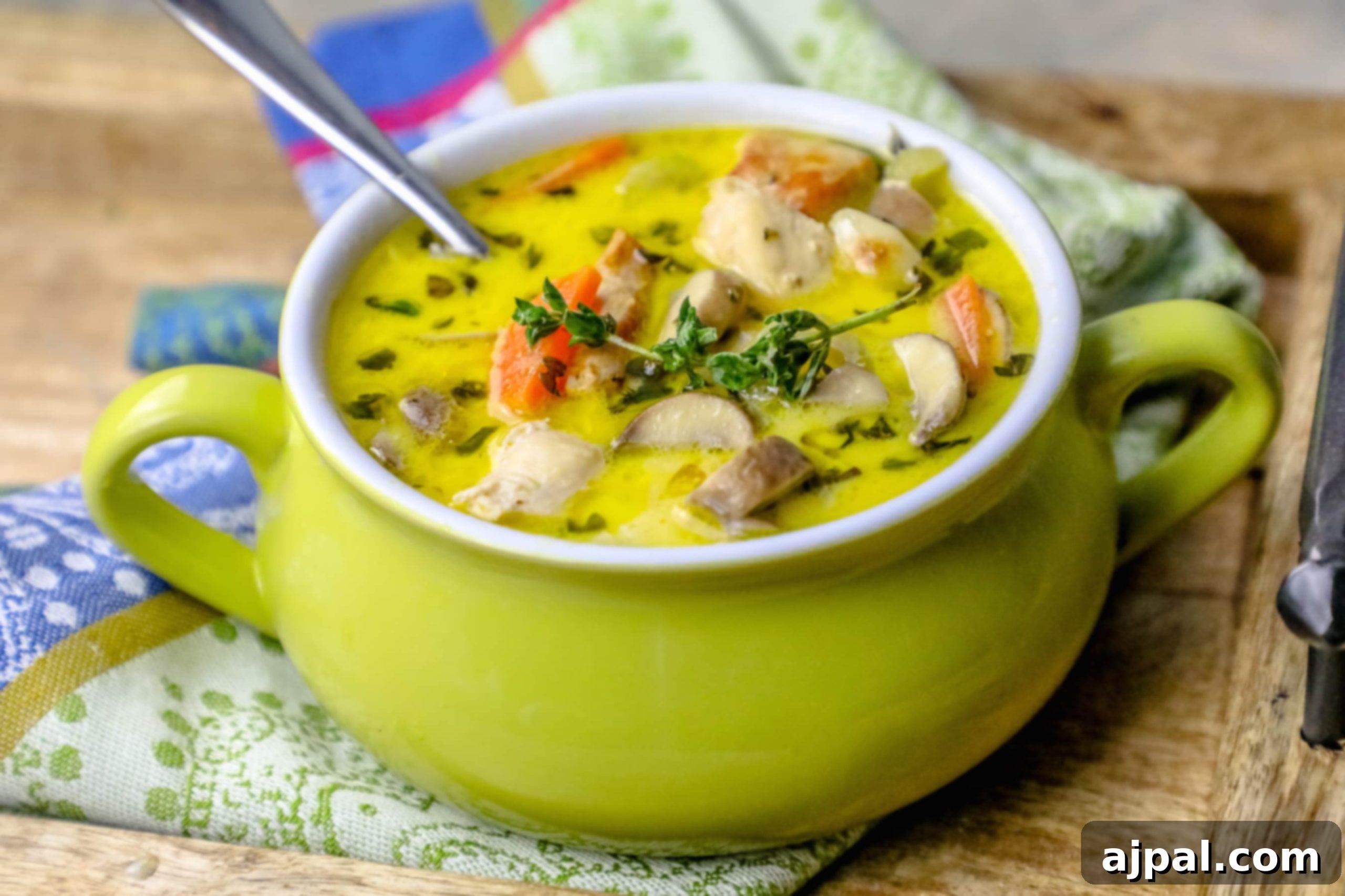 picture of mushroom and chicken soup with thyme on the top in a green pot with a colorful kitchen towel in the background.