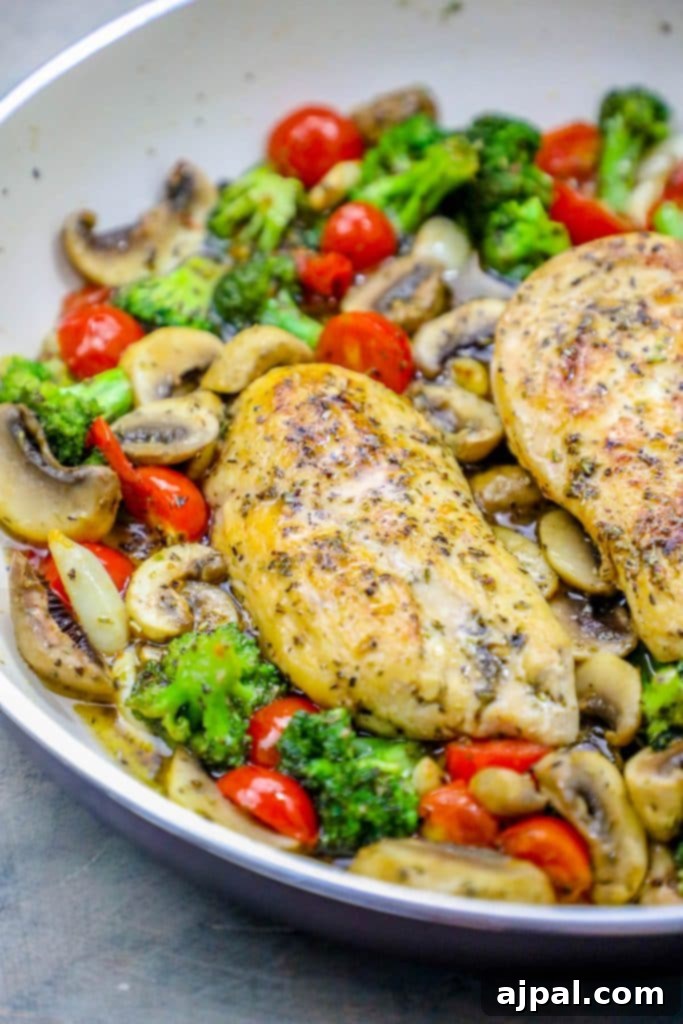 One-Pot Italian Chicken and Veggie Skillet 6 A hearty Italian chicken skillet dinner, generously packed with sautéed mushrooms and fresh broccoli, making for a wholesome meal.