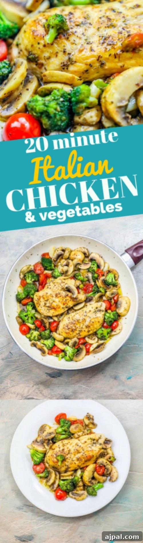 One-Pot Italian Chicken and Veggie Skillet 7 A vertical shot of Italian chicken and vegetables arranged beautifully on a plate, highlighting the vibrant colors and textures.