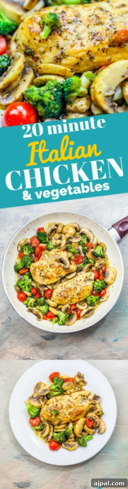 One-Pot Italian Chicken and Veggie Skillet 8 A closer view of the delightful Italian chicken and vegetables on a plate, showcasing the perfectly cooked chicken alongside fresh broccoli, tomatoes, and mushrooms.