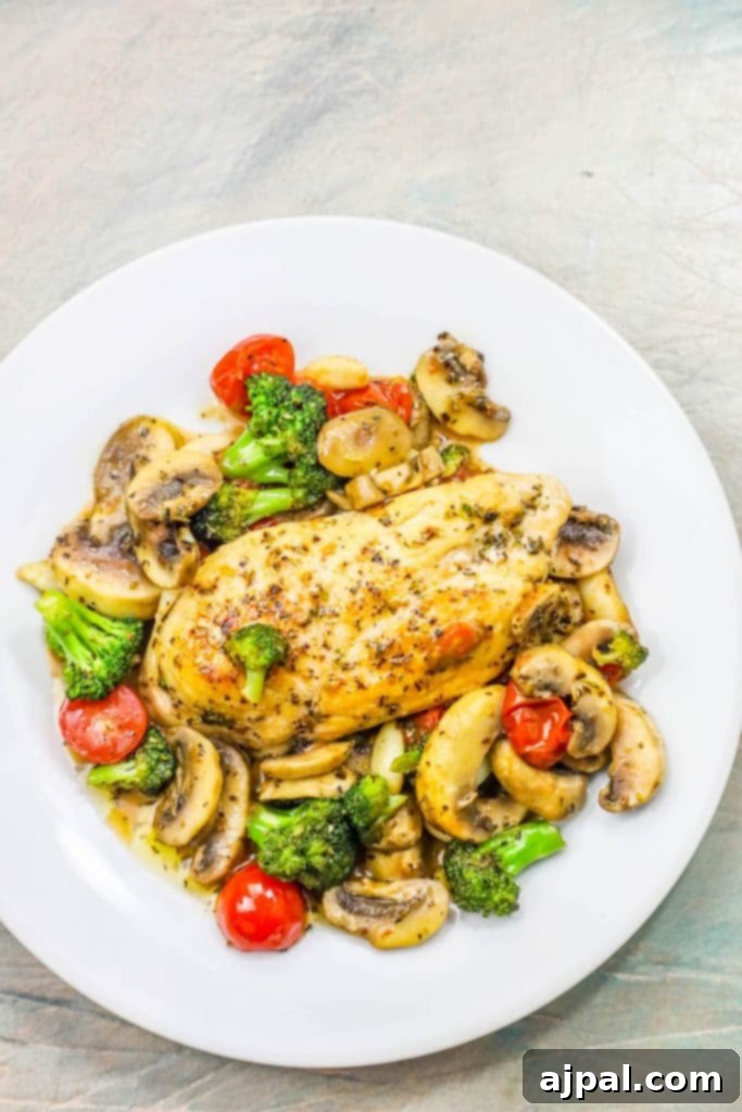 One-Pot Italian Chicken and Veggie Skillet 4 A perfectly cooked Italian chicken breast with a side of sautéed mushrooms and tomatoes, artfully arranged on a clean white plate.