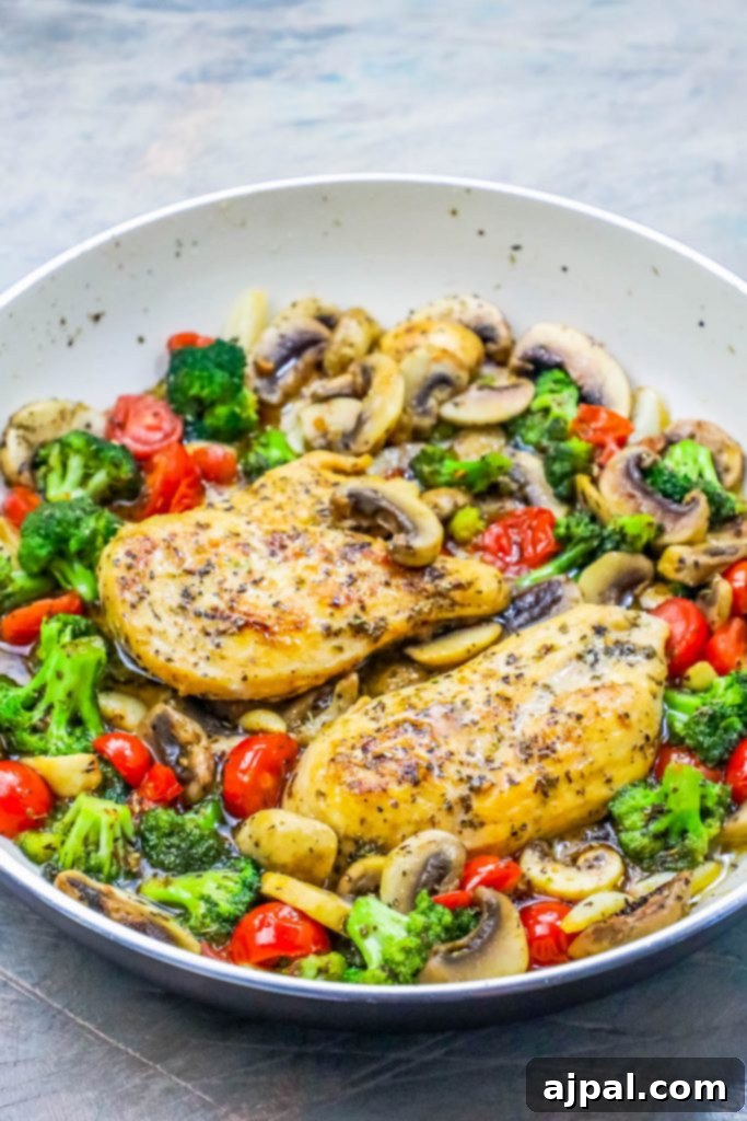 One-Pot Italian Chicken and Veggie Skillet 5 A vibrant One-Pot Italian Chicken and Vegetables Skillet, filled with tender chicken, colorful broccoli, cherry tomatoes, and mushrooms, ready to be served.