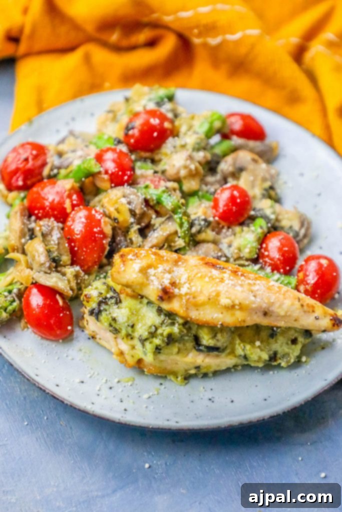 spinach and artichoke dip stuffed chicken next to a mushroom, tomato, and asparagus salad.