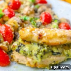 Creamy spinach and artichoke dip stuffed chicken served with vegetables.