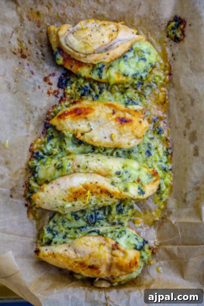 4 chicken breasts stuffed with creamy spinach and artichoke dip.