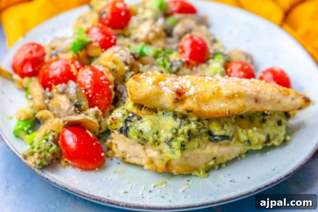 spinach and artichoke dip stuffed chicken next to a mushroom, tomato, and asparagus salad.