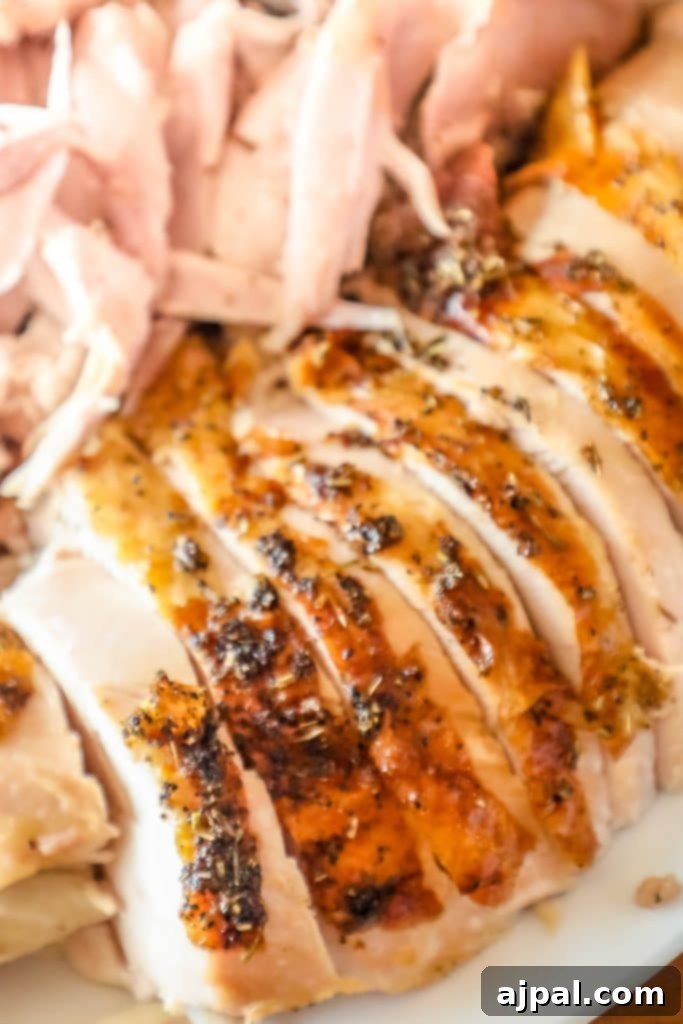 Flavorful Herb Roasted Turkey in a Bag 11 picture of sliced turkey breast covered with herbs on a white plate