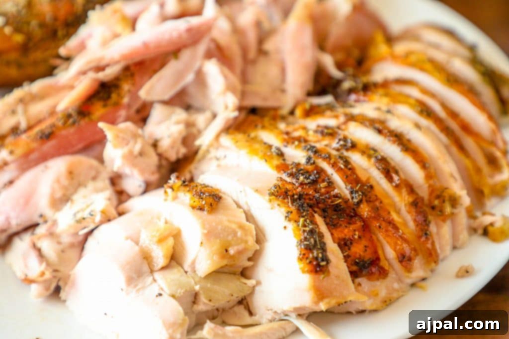 Flavorful Herb Roasted Turkey in a Bag 4 A plate with sliced turkey on it cooked using an easy recipe.
