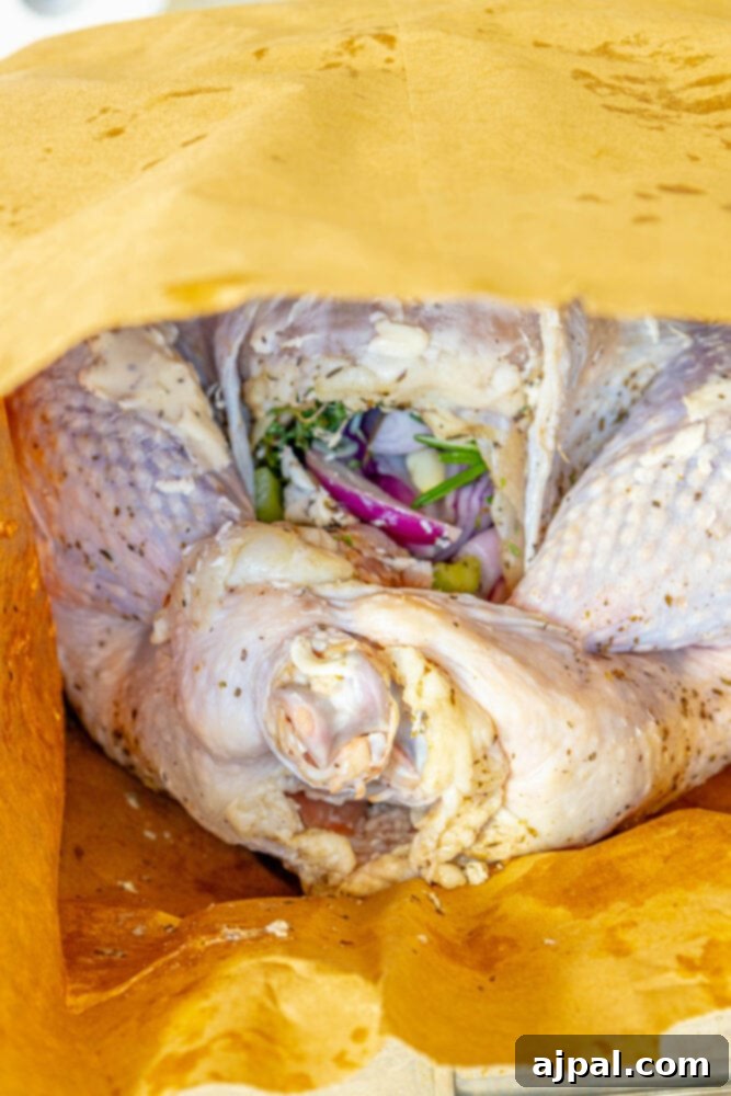 Flavorful Herb Roasted Turkey in a Bag 8 picture of a raw turkey with the cavity stuffed full of herbs and aromatics inside a brown paper bag