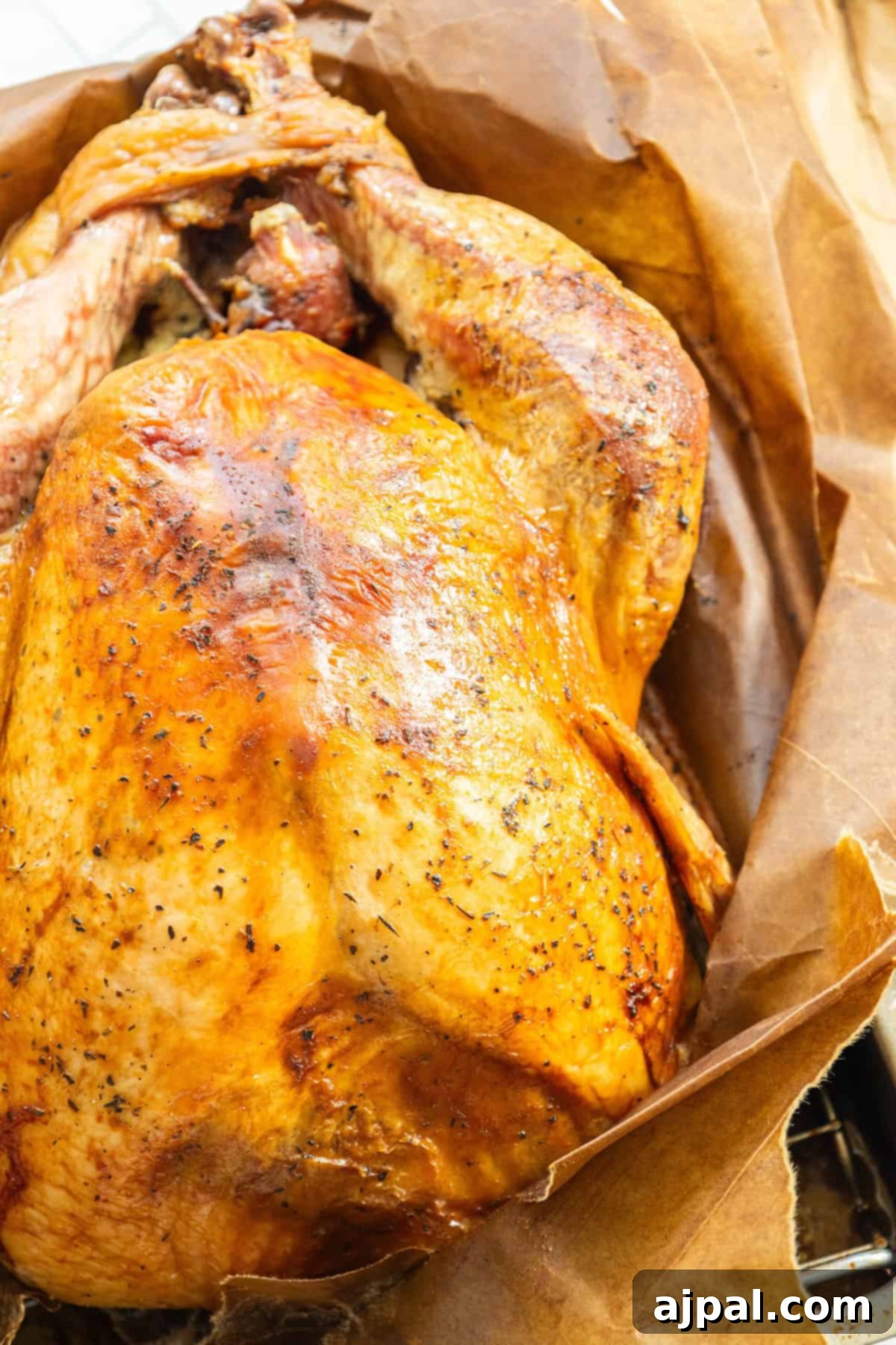 Flavorful Herb Roasted Turkey in a Bag 10 A roasted turkey with crispy, golden-brown skin lies on brown parchment paper, showcasing the simple elegance of a Brown Bag Herb Roasted Turkey Recipe.