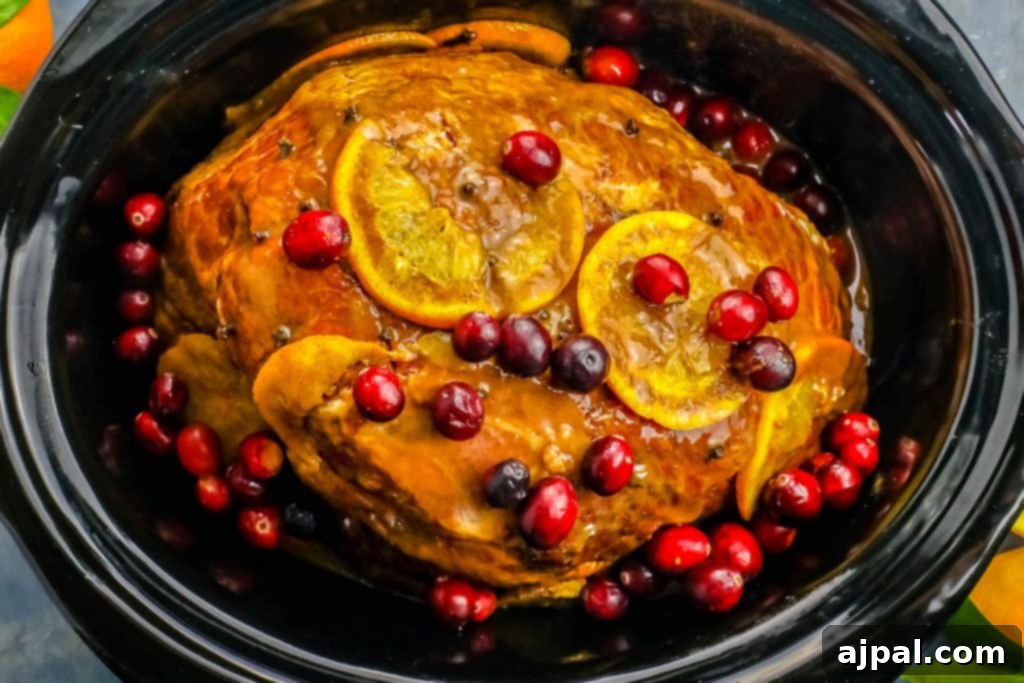 Slow Cooker Ham with Zesty Orange Cranberry Ginger Glaze 2 A beautifully cooked ham in a slow cooker, adorned with vibrant orange slices and fresh cranberries, glistening with a rich glaze.