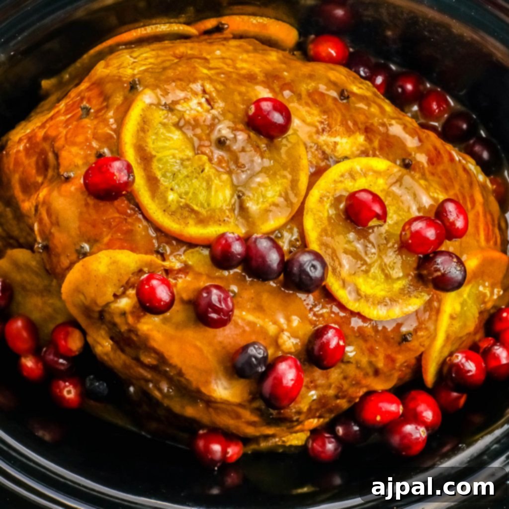Slow Cooker Ham with Zesty Orange Cranberry Ginger Glaze 4 Ingredients for the slow cooker orange cranberry ginger glazed ham laid out, including orange slices, cranberries, and spices.