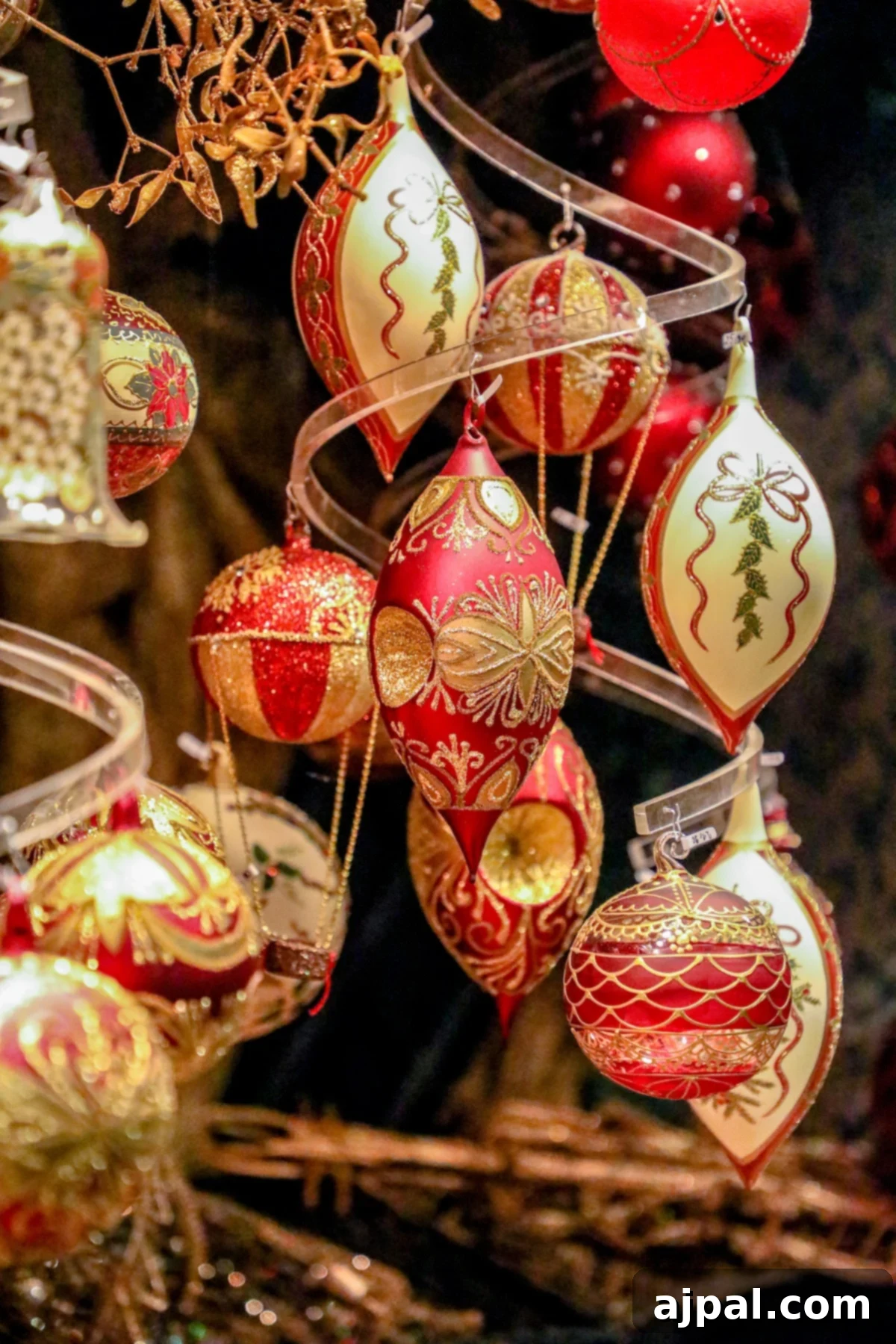A charming display of German Christmas ornaments for sale at a festive market stall, capturing the spirit of the season.