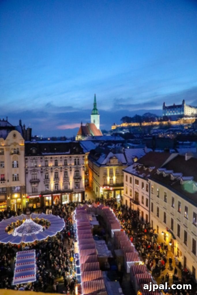 A cozy Christmas market in Bratislava, Slovakia, with wooden stalls and a festive ambiance