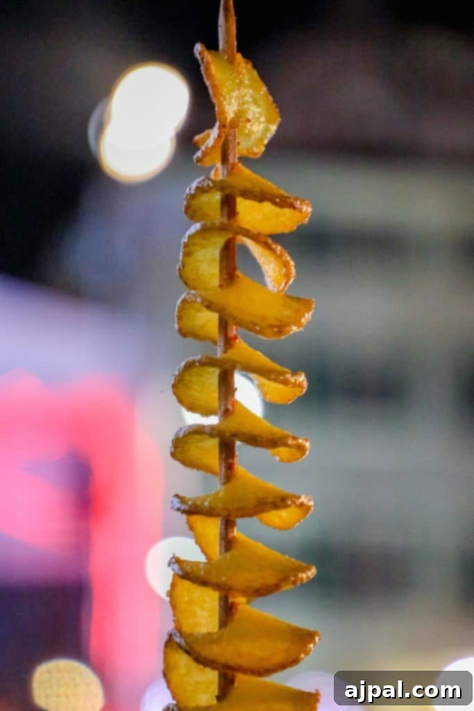 A delicious fried spiral potato on a stick, a popular street food at European Christmas markets