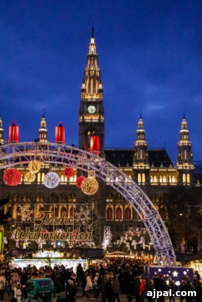 A bustling Christmas market in Vienna, Austria, with a Ferris wheel and historical buildings in the background