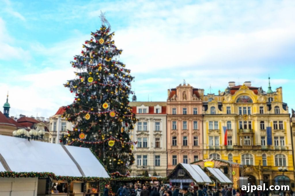 A panoramic view of a festive Christmas market in Prague, Czech Republic, with twinkling lights and historical architecture