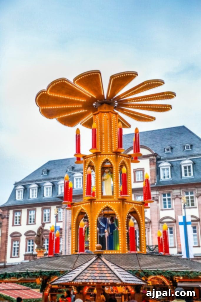 A picturesque Christmas market in Heidelberg, Germany, with charming wooden stalls and festive decorations