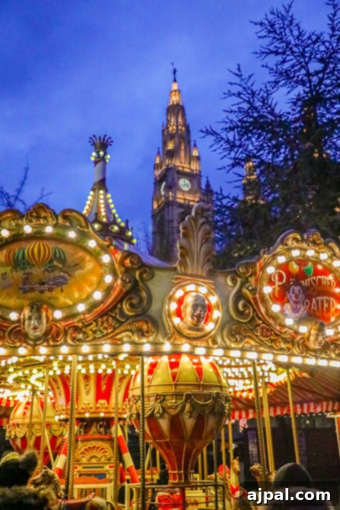 A vibrant Christmas market scene in Vienna, Austria, with a carousel and historic clock tower in the background