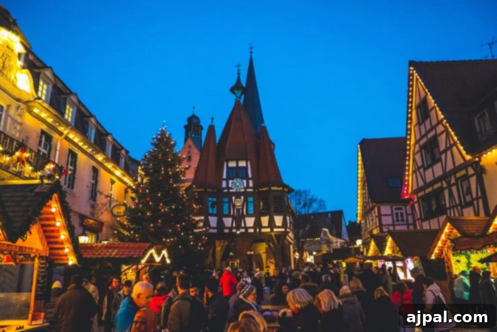 A charming Christmas market scene in Michelstadt, Germany, with traditional timber-framed buildings and festive decorations