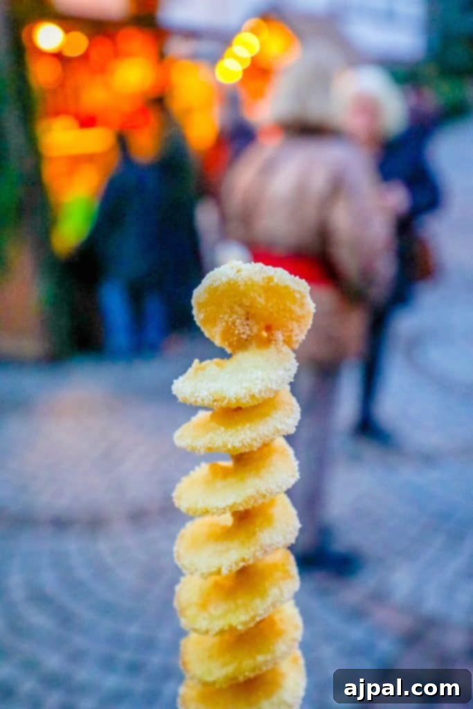 A beautifully fried spiral potato, artfully presented, at the Michelstadt Christmas market in Germany