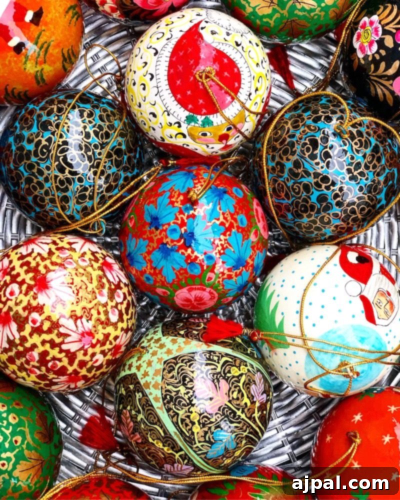 A basket filled with colorful Christmas ornaments, capturing the festive spirit of Paris