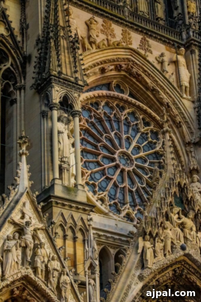 The stunning facade of Notre-Dame Cathedral in Reims, France, adorned with intricate carvings