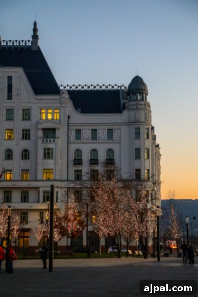 The Parliament building in Budapest, Hungary, beautifully lit at dusk during the Christmas season