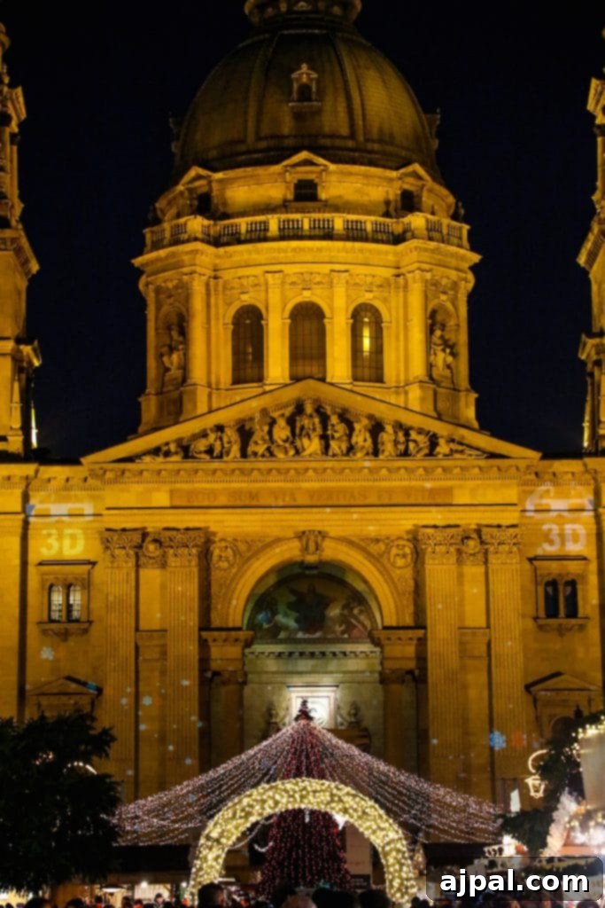 The grand St. Stephen's Basilica in Budapest, adorned with festive lights for the Christmas market