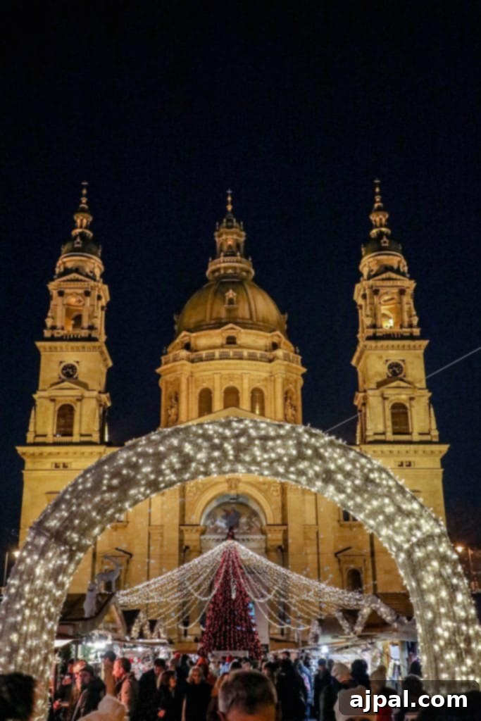 A beautifully decorated Christmas market at St. Stephen's Basilica in Budapest, under a clear night sky