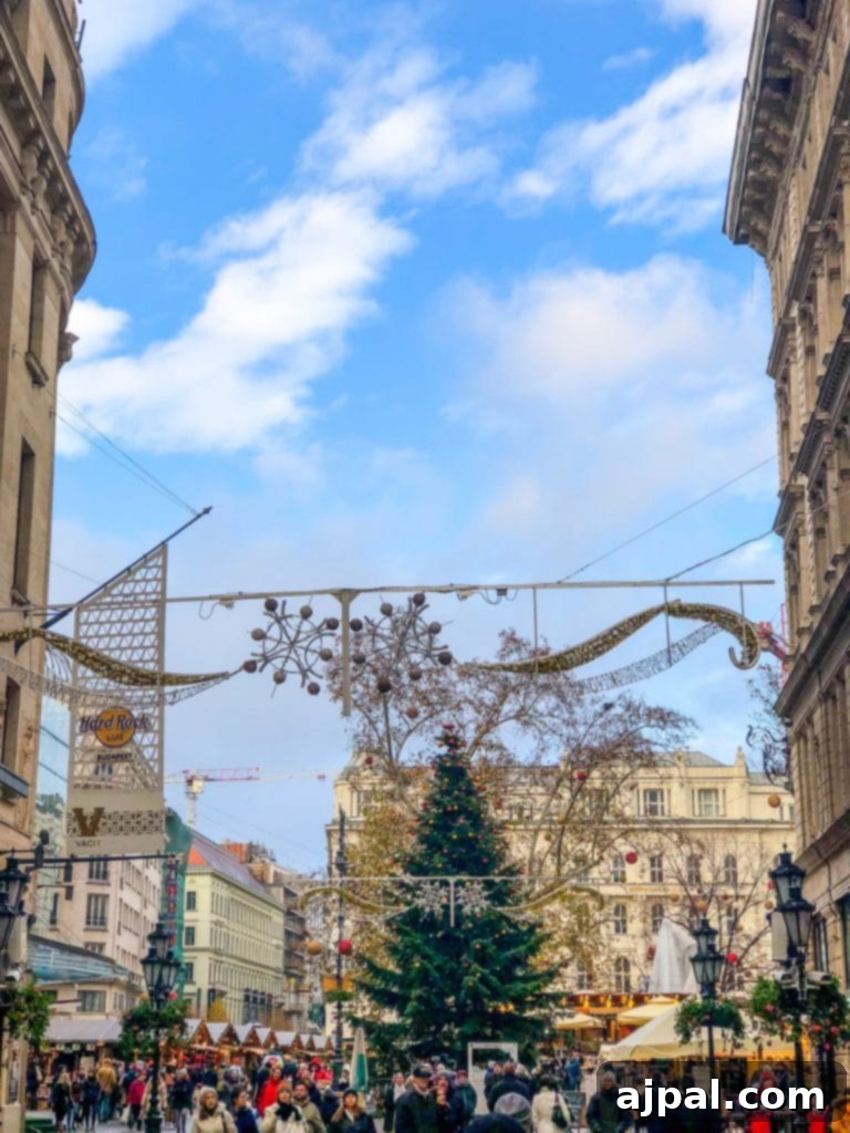 A bustling Christmas market scene in Budapest, Hungary, with various stalls and twinkling lights
