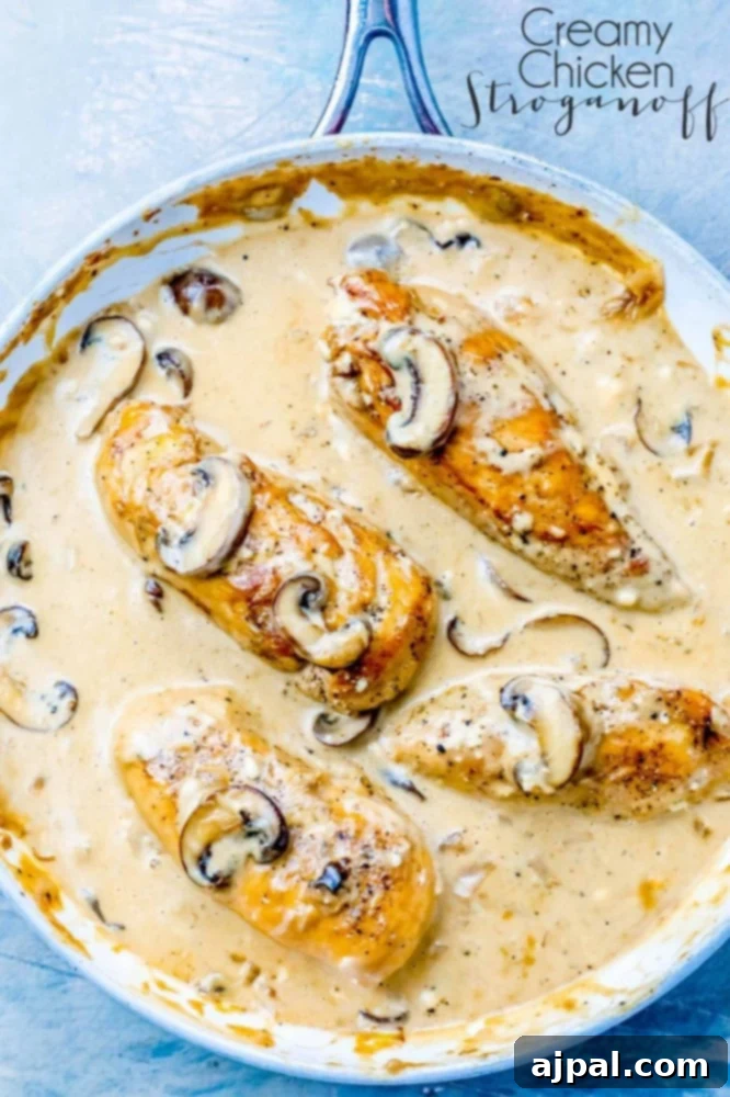 One-Pot Wonder: Creamy Chicken Stroganoff 3 Creamy chicken and mushroom fettuccine dish cooked in a single skillet, showcasing a delightful one-pot dinner.