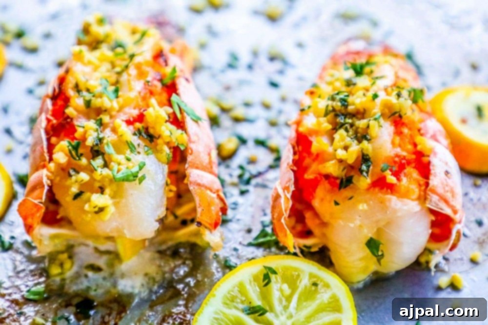 Two succulent lemon garlic butter broiled lobster tails, garnished with fresh herbs and lemon wedges, perfectly cooked on a baking sheet.