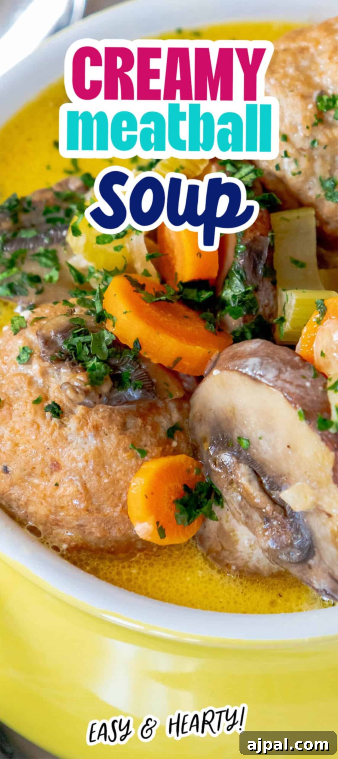 Rich & Creamy One-Pot Meatball Delight 15 A bowl of creamy keto meatball soup with carrots, celery, and mushrooms, garnished with parsley. Text overlay reads "Creamy meatball soup" and "Easy & hearty!".