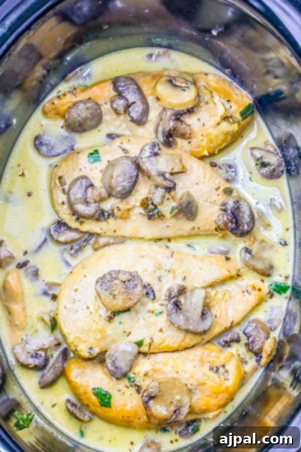 Effortless Slow Cooker Creamy Chicken Marsala 2 Creamy Slow Cooker Chicken Marsala garnished with fresh parsley, perfect for a keto or paleo diet.