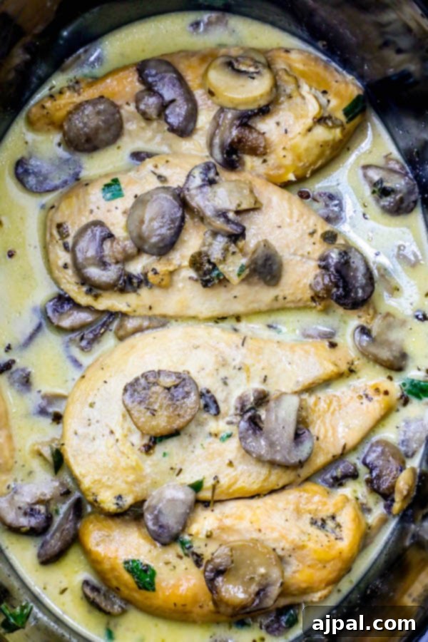 Effortless Slow Cooker Creamy Chicken Marsala 4 Easy Slow Cooker Creamy Chicken Marsala served in a bowl, featuring tender chicken and mushrooms in a rich, velvety sauce.