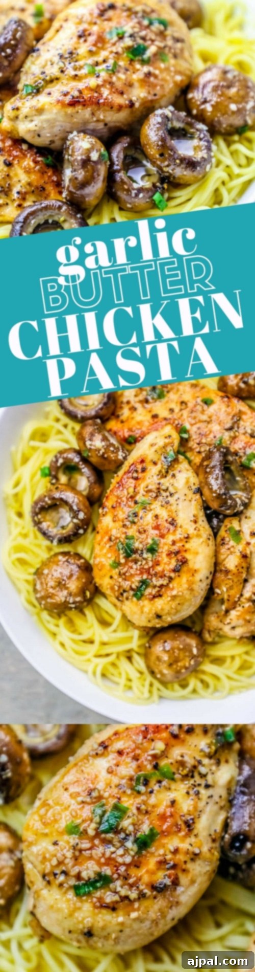 A tall, narrow photo showcasing a serving of garlic butter chicken pasta, highlighting the textures and vibrant colors of the dish.