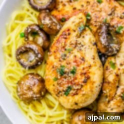 Chicken and mushrooms in a white bowl.