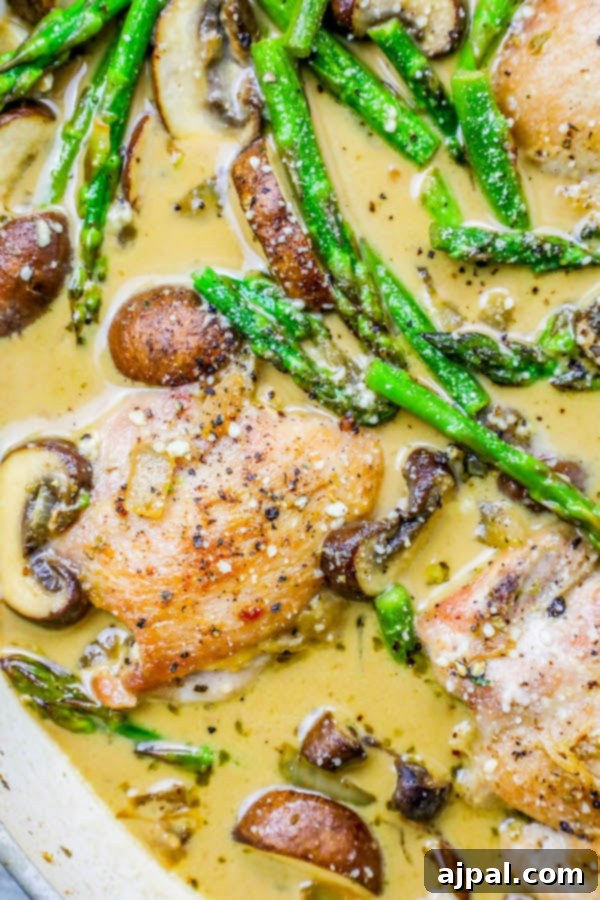 pan with chicken, asparagus, mushrooms, and creamy sauce