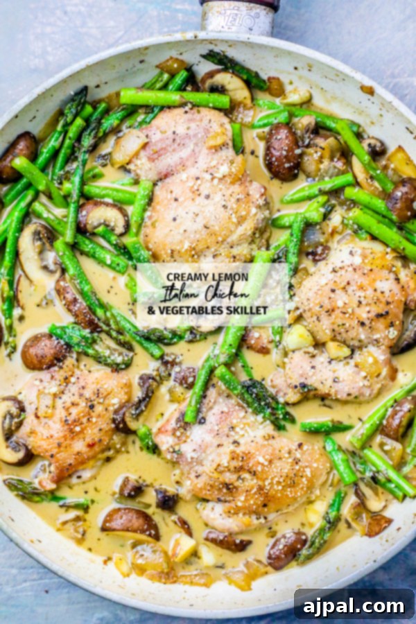 pan with chicken, asparagus, mushrooms, and creamy sauce