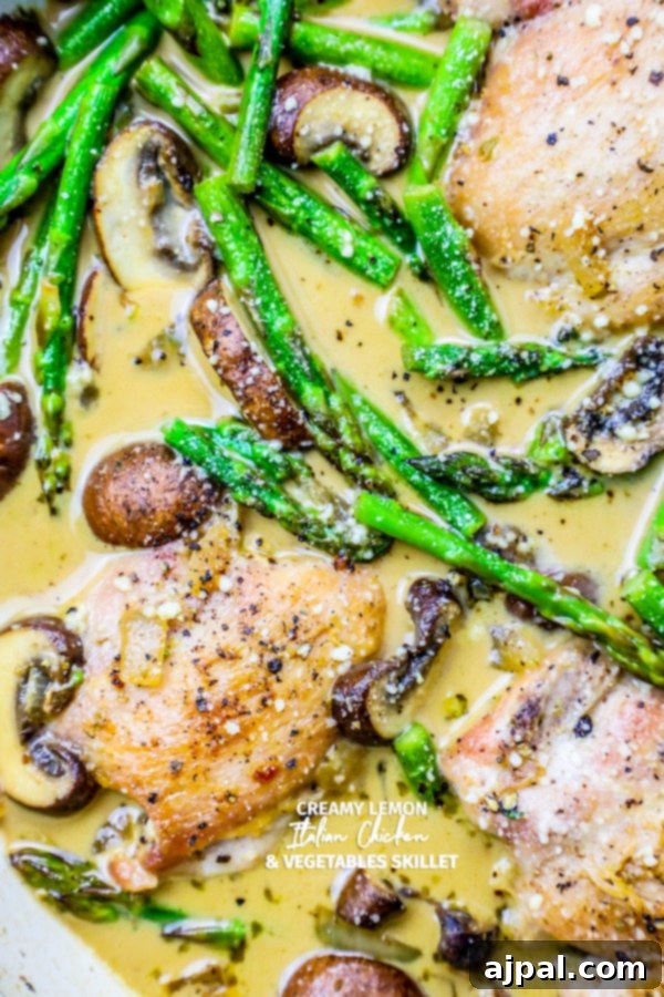pan with chicken, asparagus, mushrooms, and creamy sauce