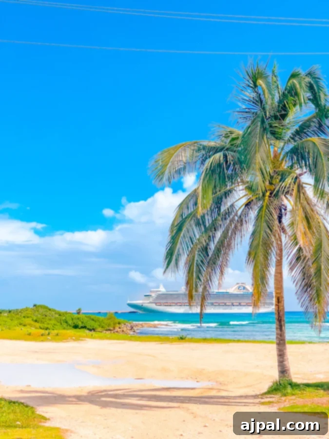 A majestic cruise ship gracefully sails on the calm, blue waters beside a pristine beach, where lush green trees line the shore under a clear sky.