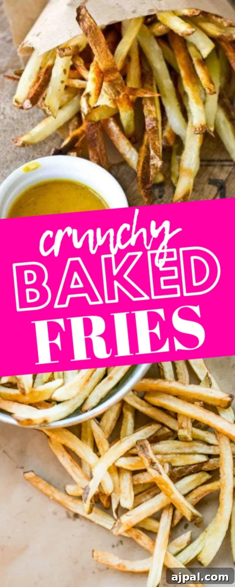 Crispy Oven Fries 6 Perfectly crunchy baked fries served in a paper cone with a dipping sauce on the side.