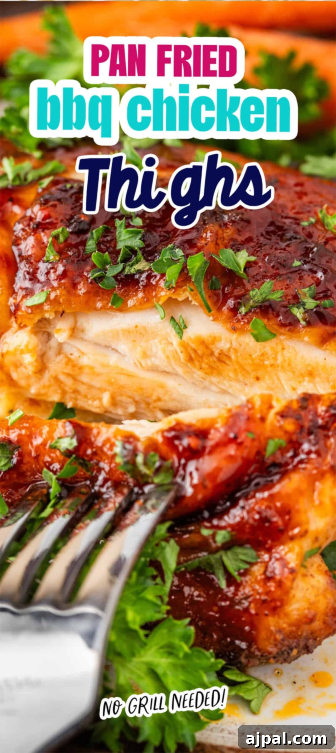 Sizzling Skillet BBQ Chicken Thighs 9 Close-up of easy one-pan BBQ chicken thighs garnished with parsley. A fork slices into the juicy, cooked meat. Text reads "Keto BBQ Chicken Thighs, No Grill Needed!.