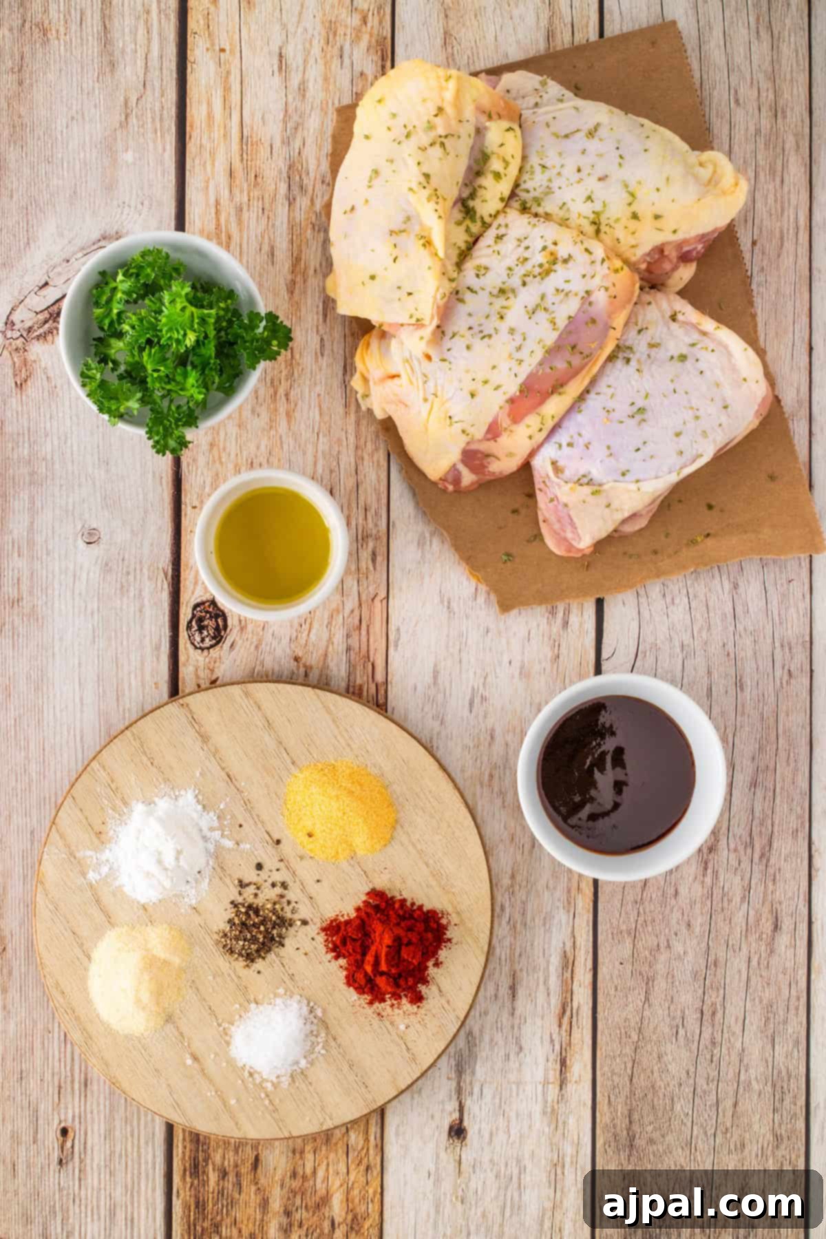 Sizzling Skillet BBQ Chicken Thighs 3 Raw chicken thighs, fresh parsley, and olive oil sit enticingly on a round wooden board surrounded by various spices on a rustic wooden table, ready to be transformed into succulent BBQ chicken in the air fryer.