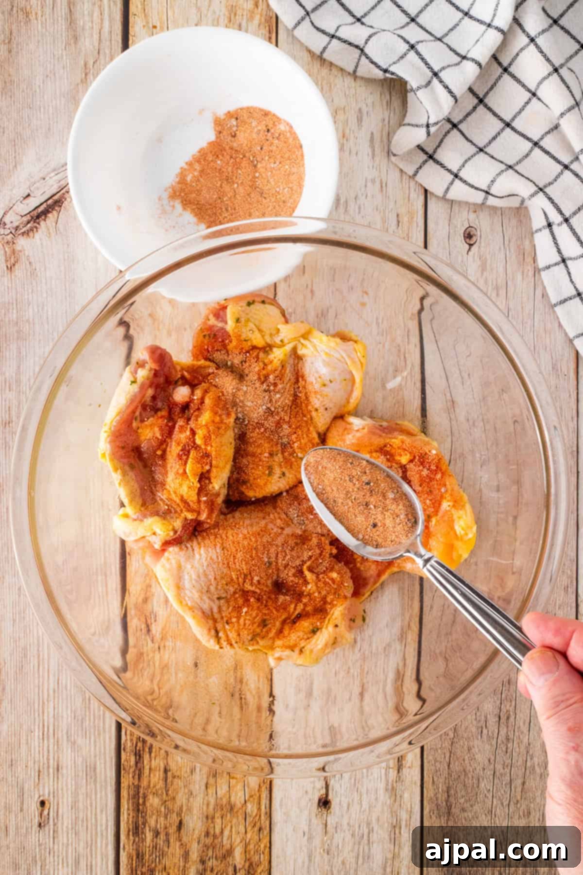 Sizzling Skillet BBQ Chicken Thighs 4 Chicken thighs in a glass bowl are being seasoned with a spice mix. A hand holds a spoon, blending flavors. Nearby, a small white bowl with extra seasoning rests on a wooden surface adorned with a checkered cloth. Perfect for air fryer BBQ chicken indulgence!.
