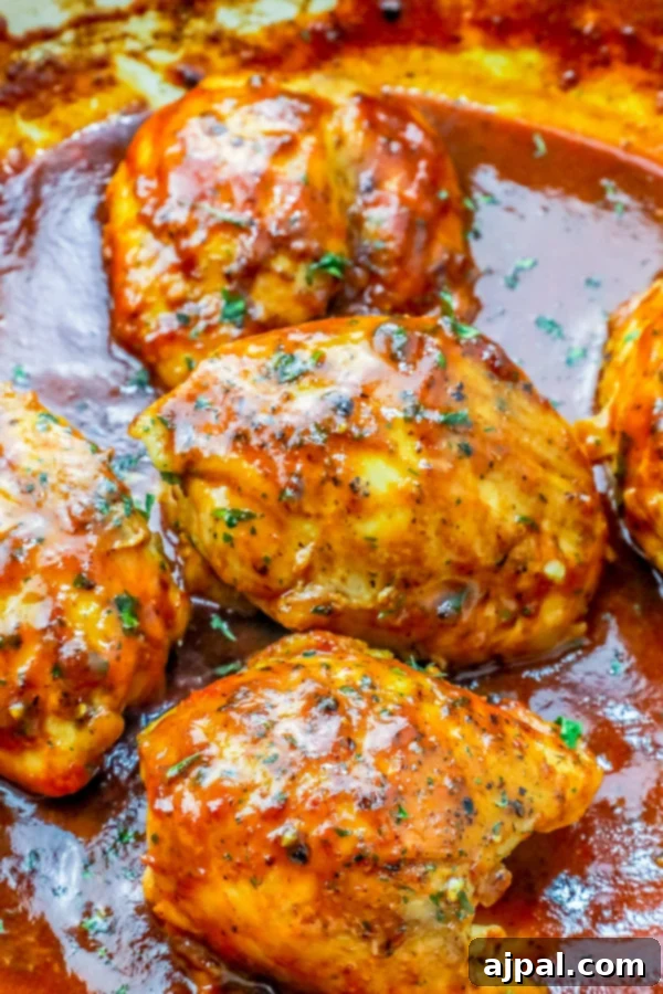 Sizzling Skillet BBQ Chicken Thighs 6 BBQ chicken thighs in a skillet.