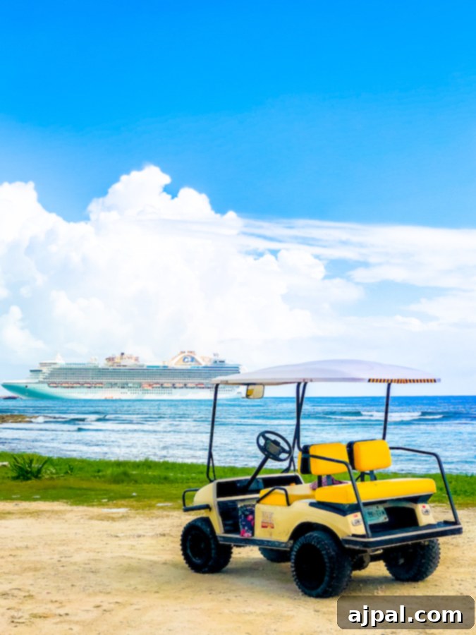 Costa Maya Cruise Guide: Malahual Shore Excursions 4 A golf cart driving by a cruise ship in Mahahual, Mexico.