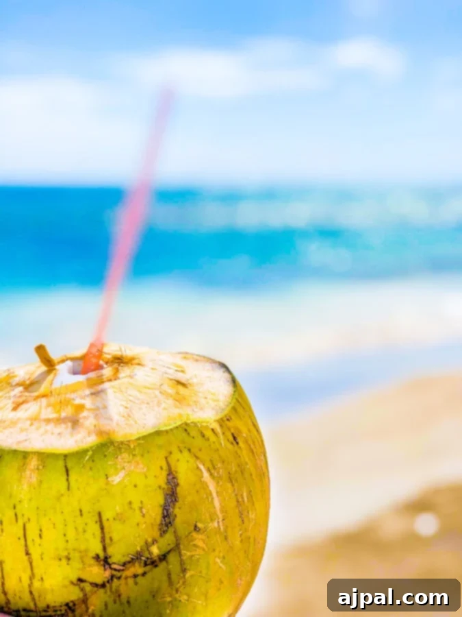 Costa Maya Cruise Guide: Malahual Shore Excursions 7 A beach in Mahahual, Mexico with a coconut and a straw.